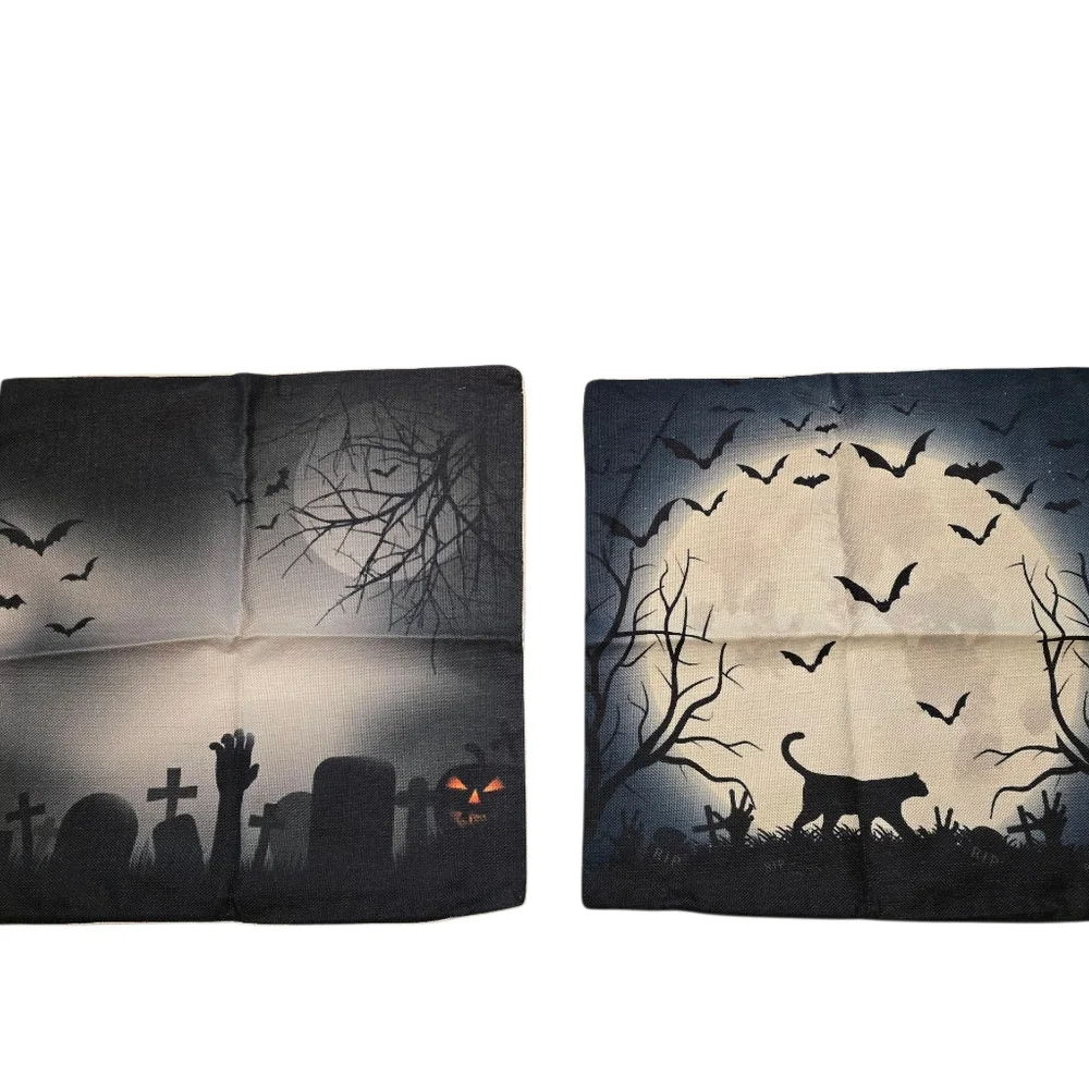 Set Of 2 Halloween Spooky Pillowcases Black Cat Moon Zombie Graveyard 17